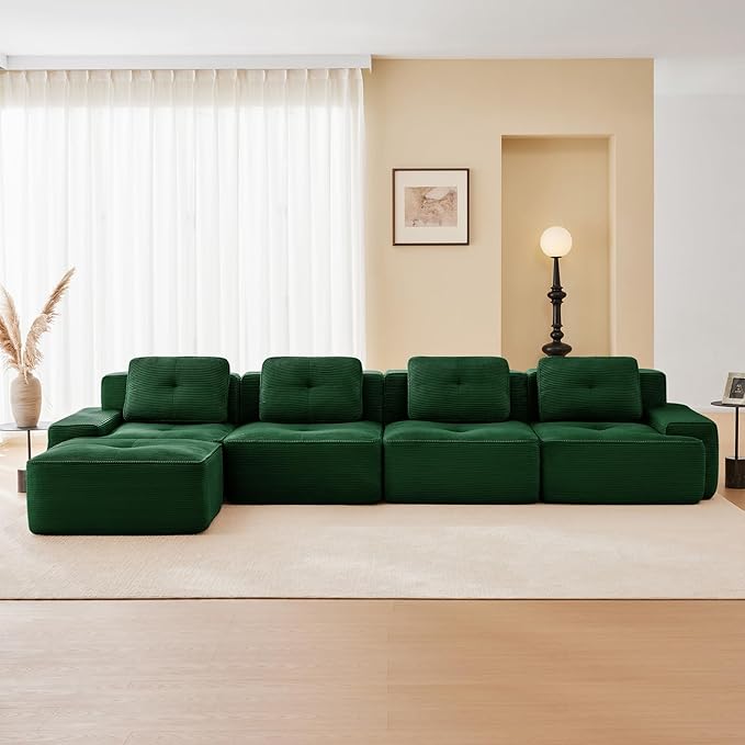 150" Modern Compressed Boneless Couch with Ottoman, 4 Seater Large L Shaped Sectional Couches for Living Room, Green Corduroy Cloud Modular Sectional Sofa, Memory Foam, Extra Deep, No Assembly