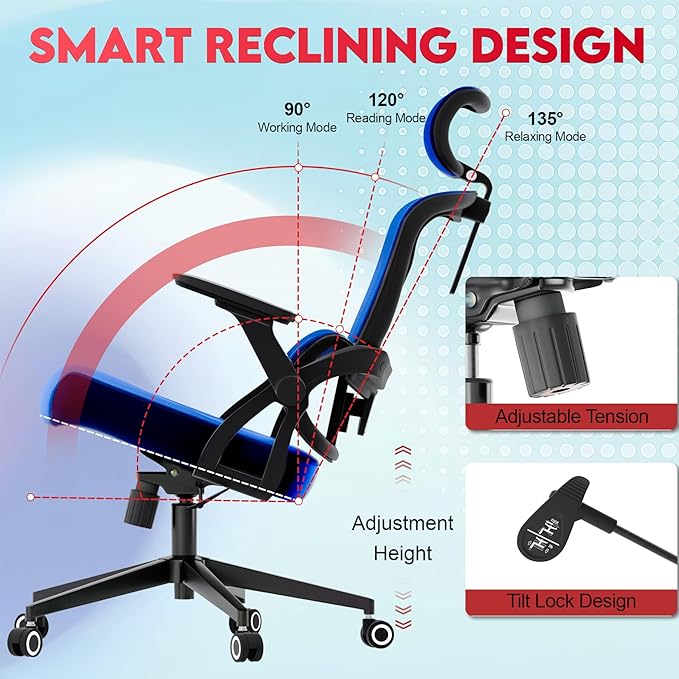 Ergonomic Office Chair - 400LB Comfy Desk Chairs with Adjustable Headrest and Lumbar Back Support, Mesh Computer Chairs with Wheels and Arms for Home Office, Study, Bedroom and Dorm (01blue)