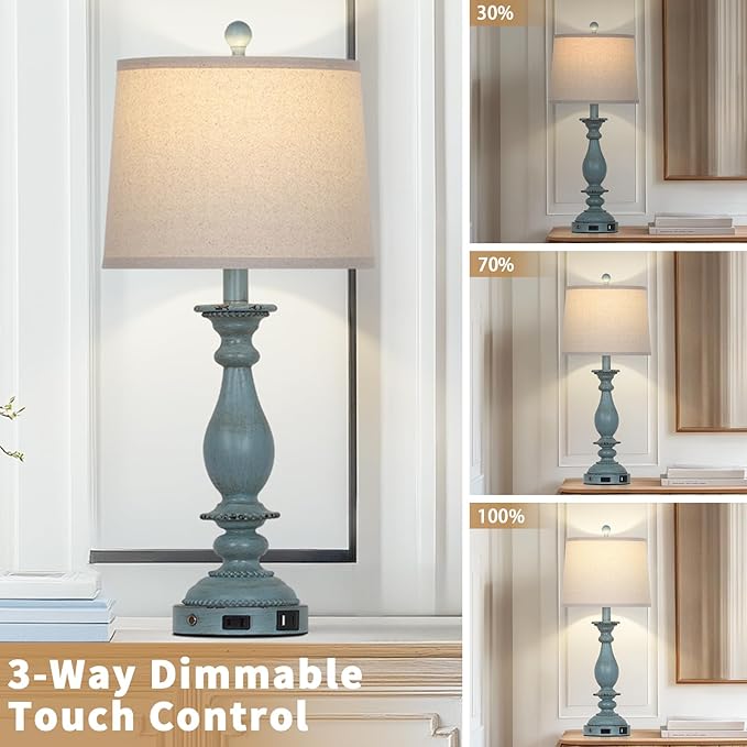 28" Tall Coastal Table Lamps for Living Room Set of 2, Farmhouse Rustic Blue Bedside Touch Lamp with USB C+A Ports & Outlet, 3-Way Dimmable Resin Nightstand Lamps for Bedroom Side End Table