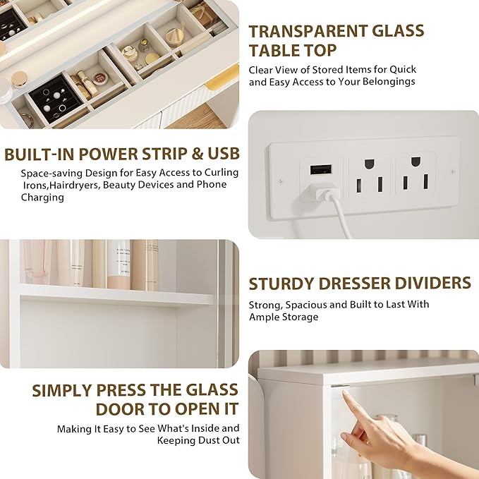 GarveeHome Fluted Makeup Vanity Desk with Lights, 48 in Big Vanity with Glass Top and Large 36" HD Lighted Mirror, Modern Dressing Table with 5 Drawers 3-Tier Shelves Set w/Charging Station (White)