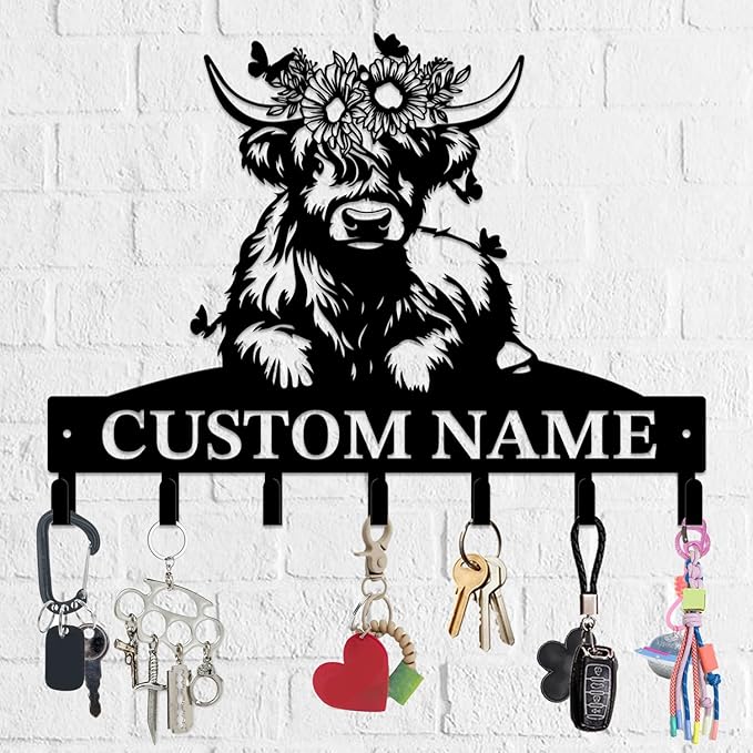 Personalized Highland Cow Metal Keys Hooks,Custom Name Metal Highland Cow Keys Hooks,Black Metal Highland Cow Wall Home Storage Decorative Keys Hooks,Key Holder Hooks for Wall (Style F)