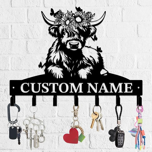 Personalized Highland Cow Metal Keys Hooks,Custom Name Metal Highland Cow Keys Hooks,Black Metal Highland Cow Wall Home Storage Decorative Keys Hooks,Key Holder Hooks for Wall (Style F)