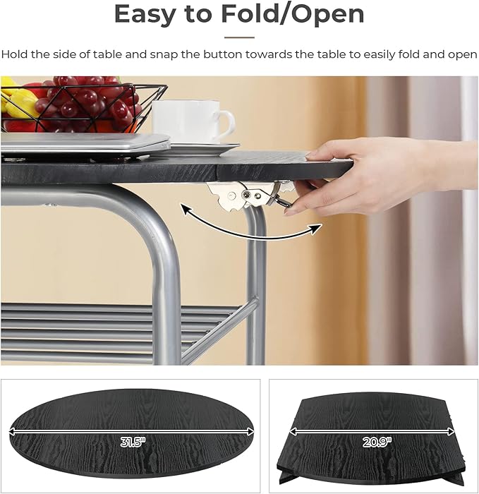 VINGLI 31.5" Drop Leaf Dining Table Set 3 Pieces for Small Space,Small Kitchen Table Set for 2,Round Folding Dining Table with 2 Chairs for Home,Kitchen,Apartment,Silver&Black