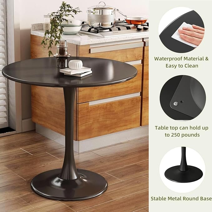 TulipTable for 2-4 Persons Modern Round Dining Room Table, 31.5" Mid-Century Modern Black Small Kitchen Table with MDF Wooden Top, Leisure Coffee Table for Living Room, Dining Room, Office