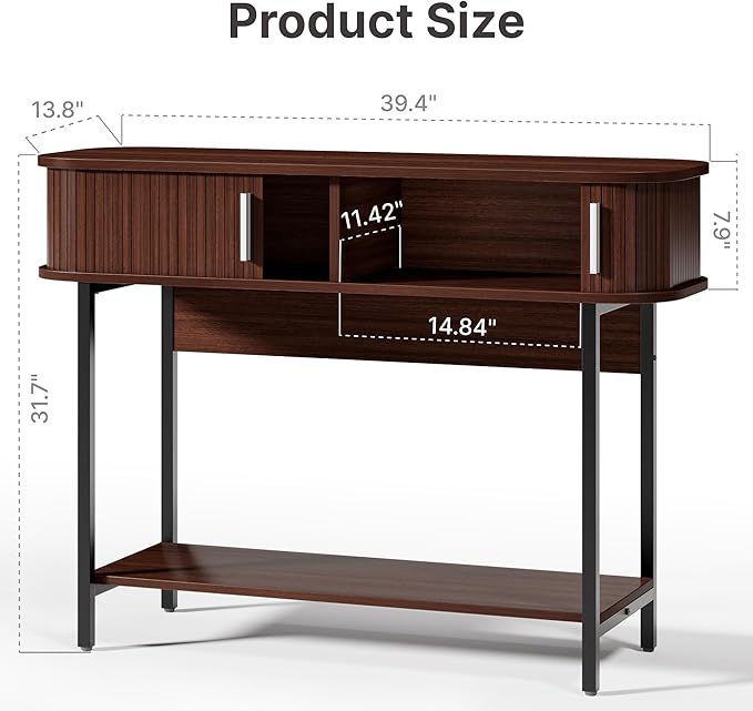 40" Mid Century Modern Entryway Table, Ultra Slim Fluted Console Table with Storage & Sliding Doors, Modern Round Corner Sofa Table, Wooden Entry Table for Living Room, Hallway, Walnut