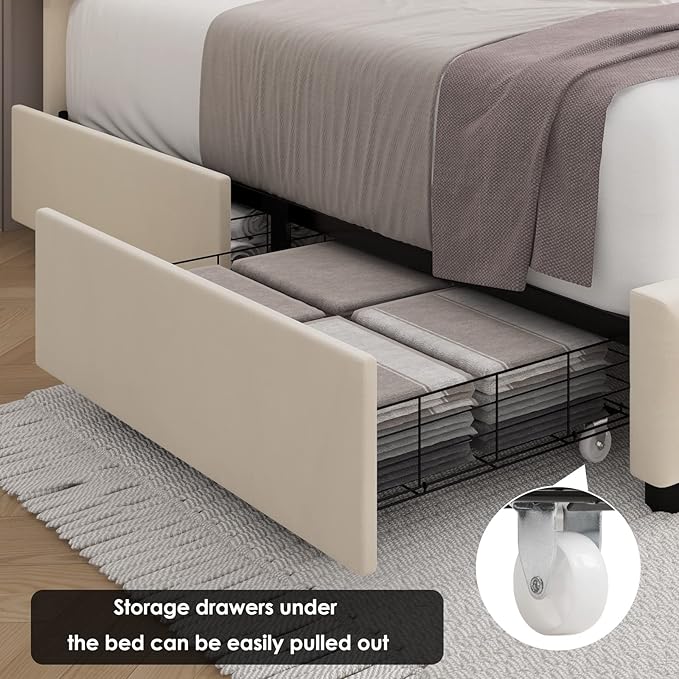 Keyluv Modern Upholstered Bed Frame with 4 Storage Drawers, Button Tufted Headboard Design, Solid Wooden Slat Support, Easy Assembly, Soft Velvet, Beige, King Size