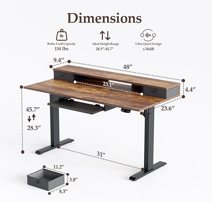 Klicelor 48 Inch Electric Standing Desk with Drawers and Keyboard Tray, Height Adjustable Desks for Home Office, Sit Stand Up Computer Workstation with Two Pieces, Rustic Brown