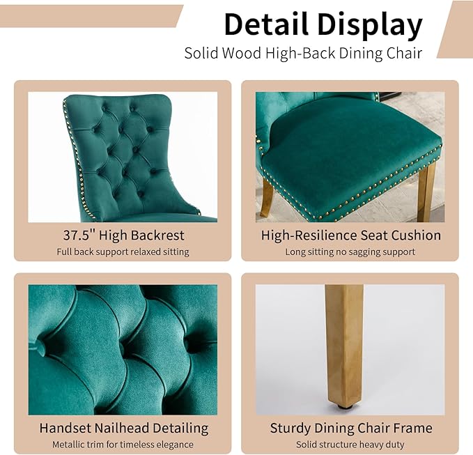Luxury Upholstered Dining Chairs Set of 8, Green Kitchen Chair with Golden Metal Legs, Velvet Tufted Back Dining Chair, Sillas de Comedor, Modern Kitchen & Dining Room Chairs (Green, 8 Pcs)