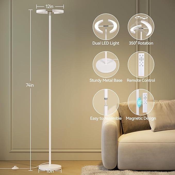 SUNMORY Floor Lamps for Living Room, 28W/1600LM Bright LED Floor Lamp with Remote & 2 Rotatable Lights, 74" Dimmable Tall Standing Lamp, Modern Reading Torchiere Corner Lamp for Bedroom Office, White