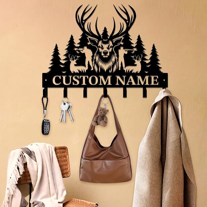 Personalized Custom Name Hunting Deer Wall Key Hooks,Metal Hunting Art Clothes Hooks,Metal Hunting Wall Home Storage Decorative,Hunter For Front Door, Hallway, Kitchen, Bedroom,Keys,Hats (Style F)