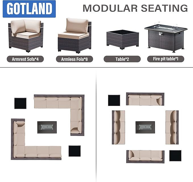 Gotland 15 Pieces Patio Furniture Set with Fire Pit Table, All Weather Rattan Outdoor Furniture with 29.5'' High Backrest 4’’ Thick Cushions Coffee Table, Patio Set for Porch, Deck, Backyard, Khaki