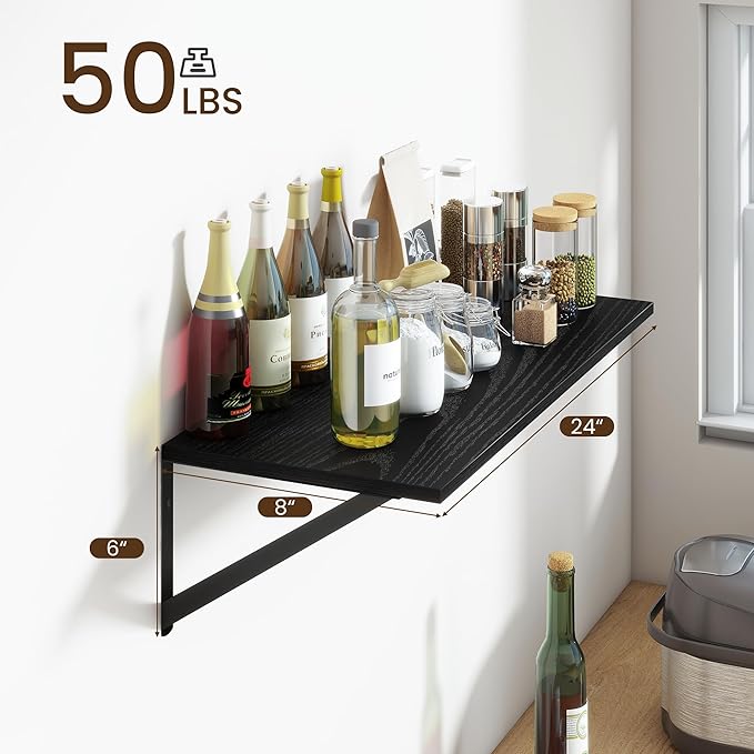 Fun Memories Deep Floating Shelves for Wall, 24W x 8D Wall Mounted Shelves Set of 2, Wide Display Ledge Shelf with Sturdy Metal Brackets for Living Room, Bathroom, Bedroom and Kitchen, Black