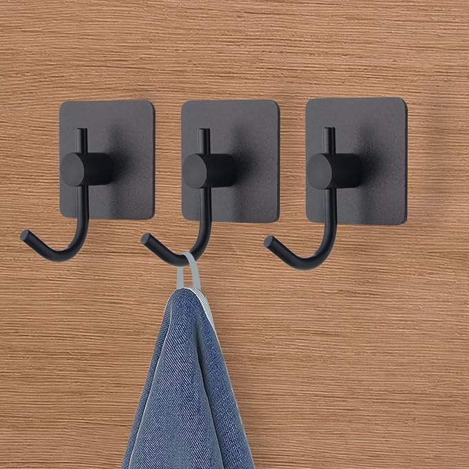 VAEHOLD 4 Pack Wall Hooks, Heavy Duty Sticky Holder Waterproof Aluminum Towel Hooks for Hanging Coat, Hat, Key, Clothes, Closet Hook Wall Mount for Kitchen, Bathroom, Office（Black）
