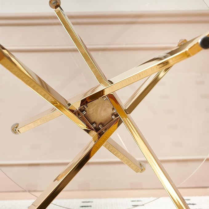 36" Round Dining Table for 4, Modern Clear Glass Kitchen Table for 4 with Gold X Metal Legs, Contemporary Small Circle Dining Room Leisure Tables for Kitchen Apartment