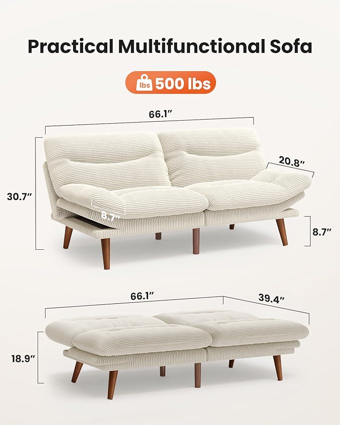 AMADA 66"Convertible Futon Sofa Bed, Corduroy Folding Futon Set with Adjustable Backrest &Armrests, Recliner Lounge for Living Room, Apartment or Office, Solid Wood Frame, Loveseat Sofa - Beige White