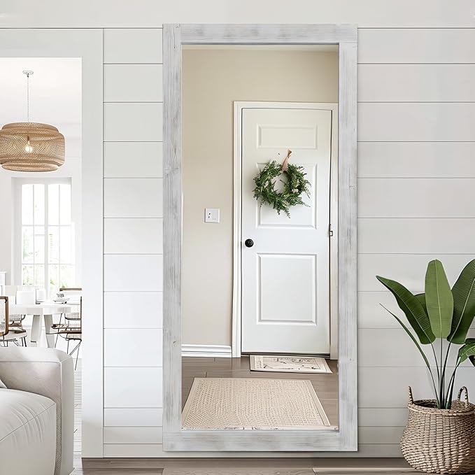MELOMOIR Rustic Farmhouse Full Length Mirror, 71"x32" Large Floor Wood Frame, Free Standing Leaning Hanging, Full Body for Bedroom Living Room Cloakroom, Weathering White