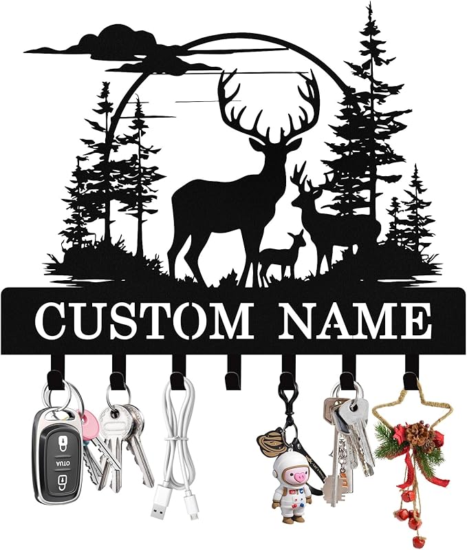 Personalized Key Holder Wall Mount, Custom Deer Metal Keys Holder for Wall with Name, Wall Key Hanger Rack with Hooks for Entryway, Front Door, Living Room, Kitchen, Bathroom, Garden