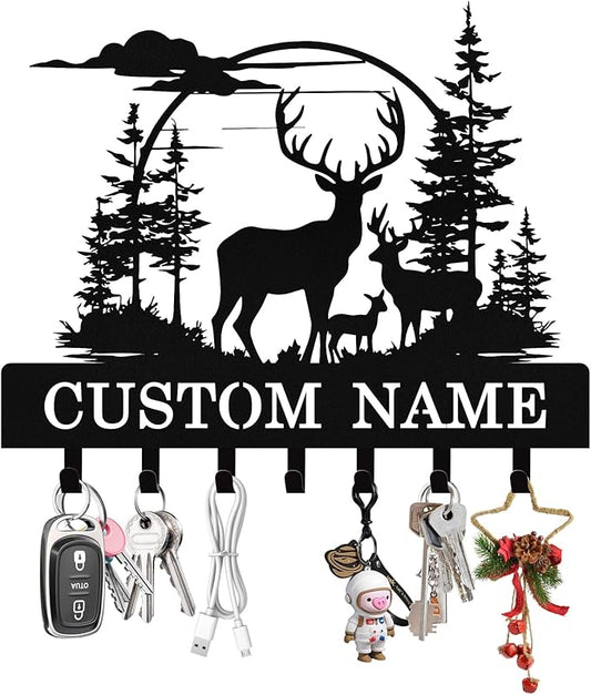 Personalized Key Holder Wall Mount, Custom Deer Metal Keys Holder for Wall with Name, Wall Key Hanger Rack with Hooks for Entryway, Front Door, Living Room, Kitchen, Bathroom, Garden