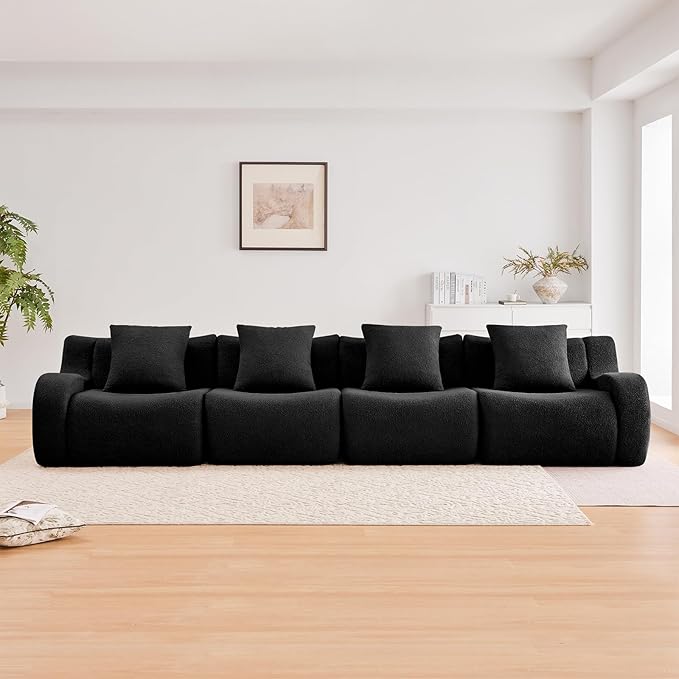 Black 4-Seater Cloud Couch, Modern Teddy Fabric Boneless Sectional Sofa in a Box for Living Room, Modular Floor Couch, Comfortable Deep Seat, No Assembly Required, Sofas para Sala