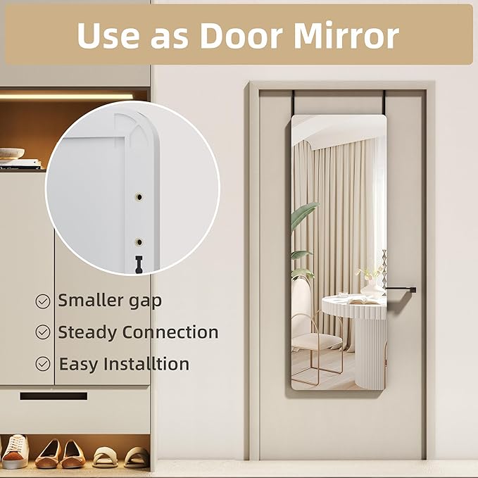 Hasipu Door Mirror Full Length, 47"x 16" Full Body Over The Door Hanging Wall Mounted Mirror for Bedroom, Living Room, Cloakroom, Round White