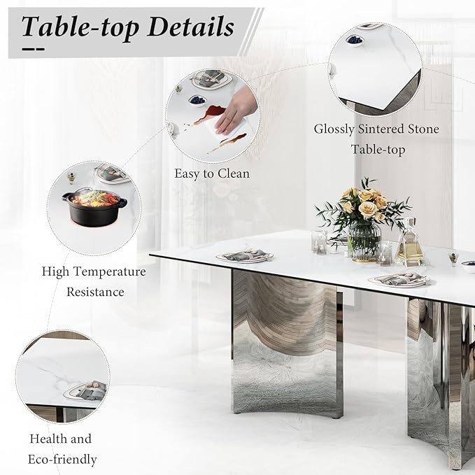 Asday 78-Inch Sintered Stone Rectangular Dining Table, Large Kitchen Table with Chrome Triangle Stainless Steel Double Pedestal for Living Room, Kitchen, Dining Room, White and Silver