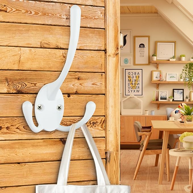 IBosins 6 Pack Big Heavy Duty Three Prongs Coat Hooks Wall Mounted with 12 Screws Retro Double Utility Rustic Hooks for Thick Coat, Big Heavy Bags (White)
