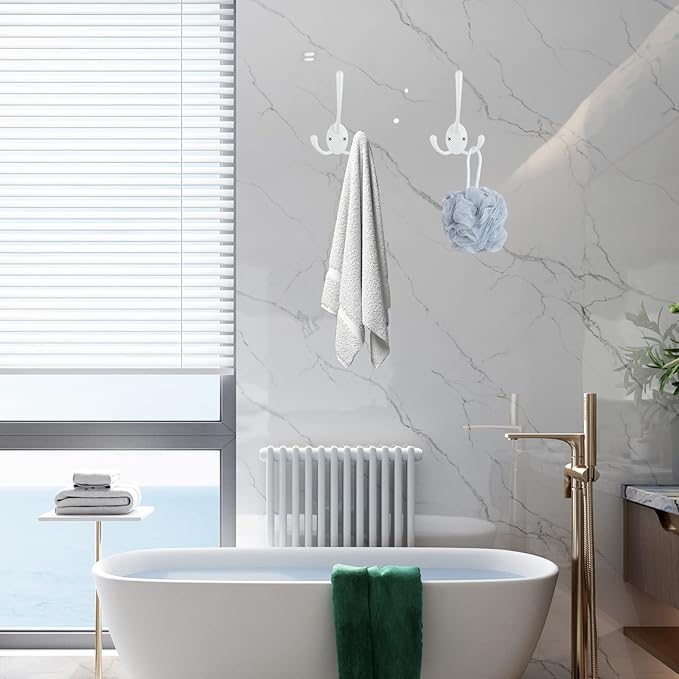 IBosins 6 Pack Big Heavy Duty Three Prongs Coat Hooks Wall Mounted with 12 Screws Retro Double Utility Rustic Hooks for Thick Coat, Big Heavy Bags (White)