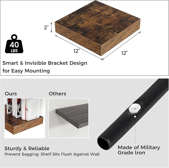 Square Floating Shelves for Wall, 12" W x 12" D x 2" H, 2 Pack of Small Wall Mounted Engineered Wood Shelves with Invisible Brackets for Living Room, Bedroom, Bathroom, Kitchen Decor, Brown
