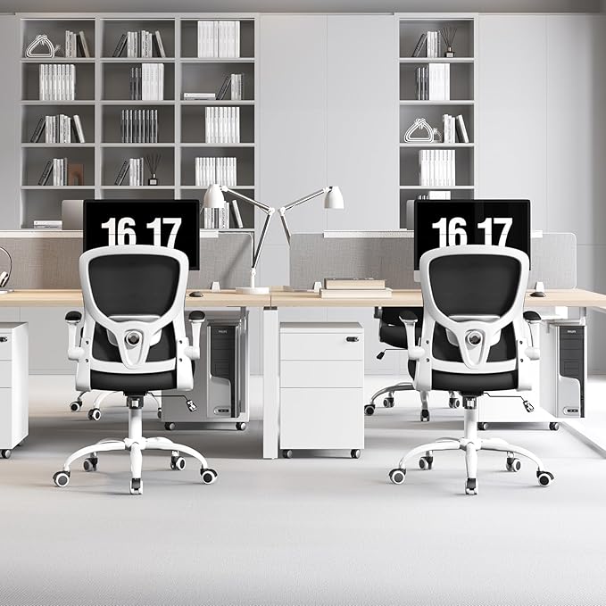 Ergonomic Office Chair High Back with Adjustable Lumbar Support, Mesh Computer Chair,Headrest and Flip-Up Arms for Executive, 90-120° Tilt Swivel Rolling Task Chairs(White-black6076)