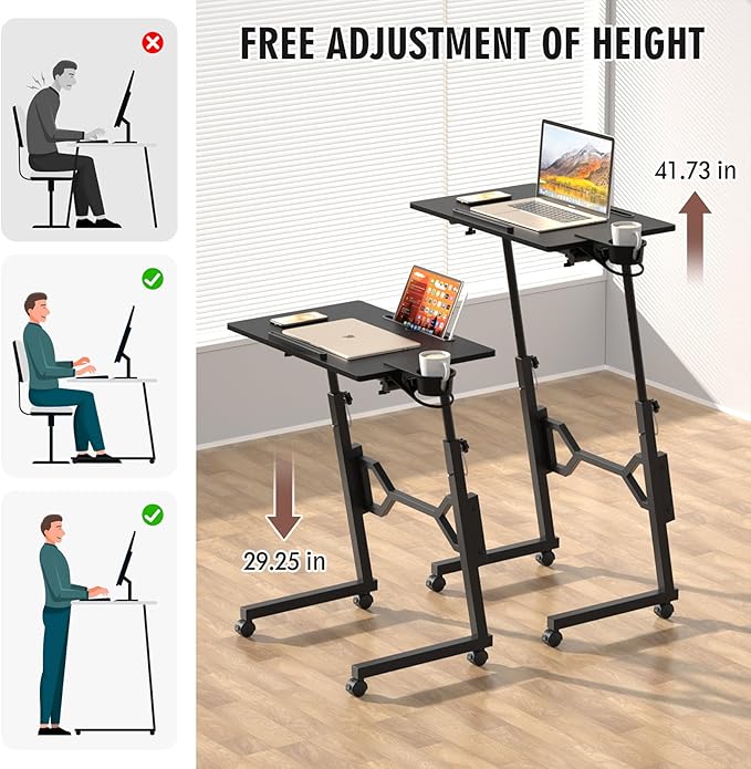 Small Standing Desk with Wheels, Portable Treadmill Desk, Rolling Desk Adjustable Height for Laptop, Mobile Standing Table for Walking Pad, Bedside Table