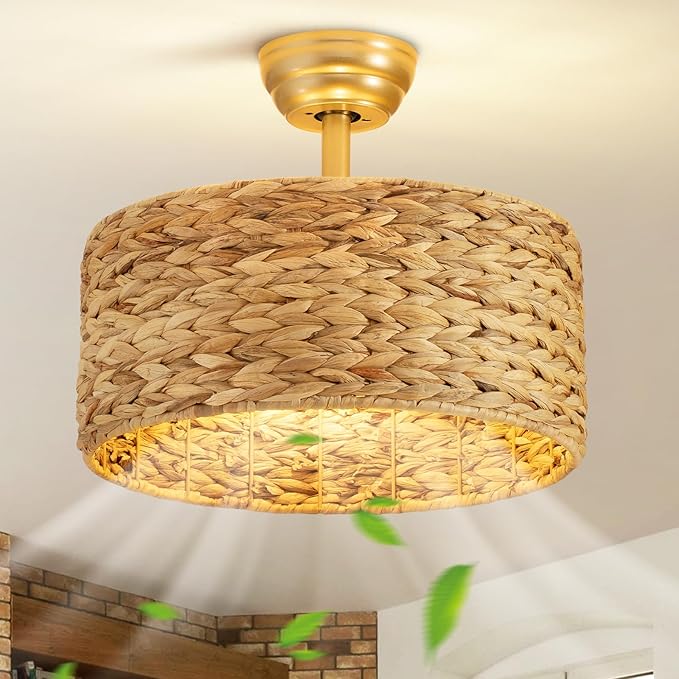 Boho Fandelier Ceiling Fans with Lights, Rattan Chandelier Fan Gold Caged Ceiling Fan with Light Remote, Flush Mount Chandelier Ceiling Fan with 6 Speeds Fandelier for Bedroom, Living Room,Kitchen