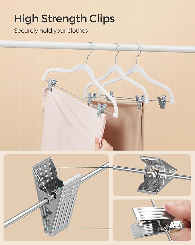 SONGMICS 20-Pack Pants Hangers, 16.7-Inch Long Velvet Hanger with Adjustable Clips, Heavy-Duty, Non-Slip Skirt Hangers, Space-Saving for Pants, Skirts, Coats, Dresses, White UCRF012W20