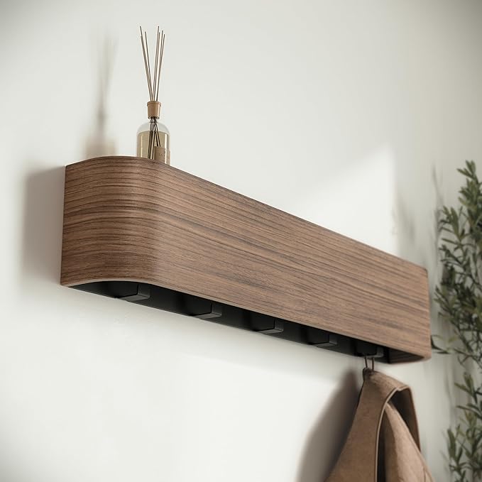 Kazai. Wall-Mounted Coat Rack 'Toke' - Modern Design Coat Rack with Hidden Wall Hooks - Solid Wood Veneer Panel Coat Hanger - Walnut