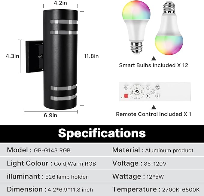 RGB Up and Down Lights Outdoor Wall Lights 6 Packs, Smart Color Changing Outdoor Wall Sconce WiFi Voice & App Control,Aluminum Waterproof Exterior Lights for Porch Compatible with Alexa