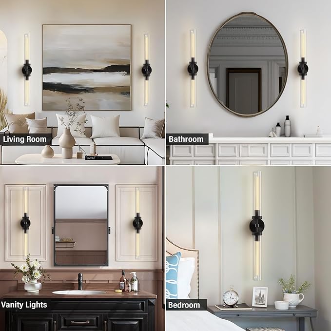 Brass Wall Sconces, 30in Black 2-Light Double Glass Sconces Wall Lighting, Bathroom Knurled Vanity Light Sconces, Wall Lights for Living Room Bedroom（Including Bulb）