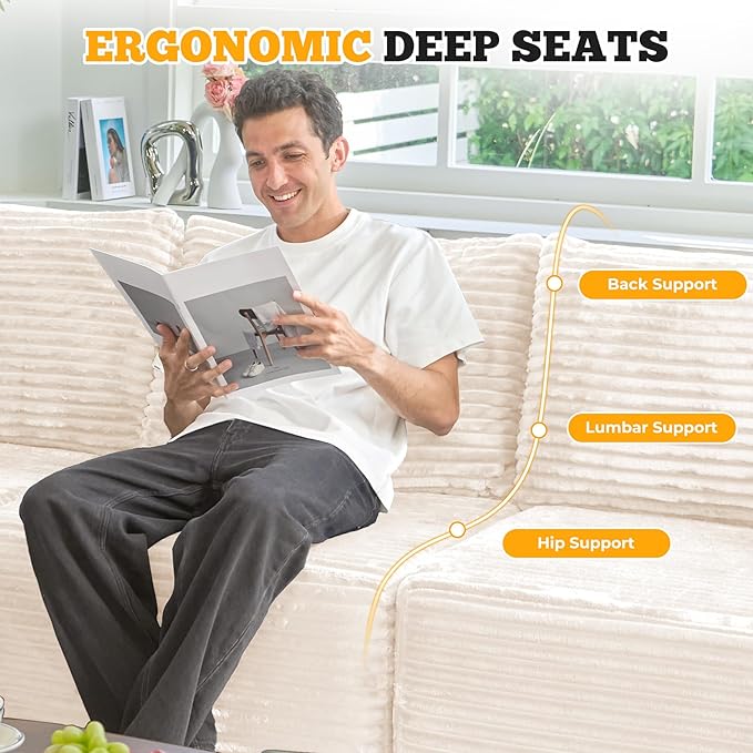 113" Modular Sectional Sofa, Convertible L-Shaped Cloud Couches for Living Room with Ottoman, 4 Seater Corduroy Boneless Couch Sofa Set, No Assembly Required, Beige 1 PCS