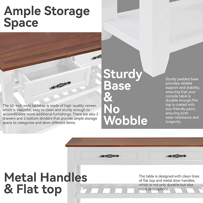 Retro Design Console Table with Two Open Shelves, Pine Solid Wood Frame and Legs for Living Room