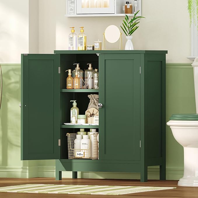 Iwell Bathroom Cabinet, Bathroom Storage Cabinet with 2 Doors & 3 Shelves, 3 Heights Available, for Living Room, Entryway, Home Office, Green