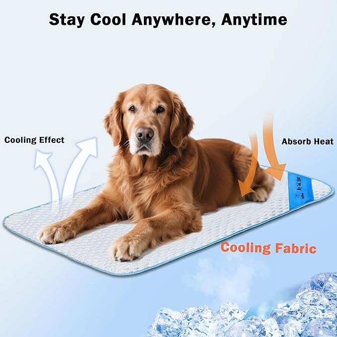 Pet Cooling Mat for Dogs & Cats – Ice-Silk Breathable Washable Foldable Cooling Blanket, Durable Portable Non-Slip Dog Bed for Crate, Kennel, Car & Outdoor Use, Blue (Medium)