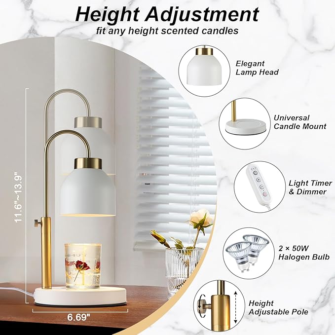 Hasun Candle Warmer Lamp, Safe Electric Candle Warmer Lamp with Timer and Adjustable Height/Heat, 2-8H Timer No Flames Dimmable Scented Candle Lamp for Jar, Candles Warmer with 2 Bulbs (White03)