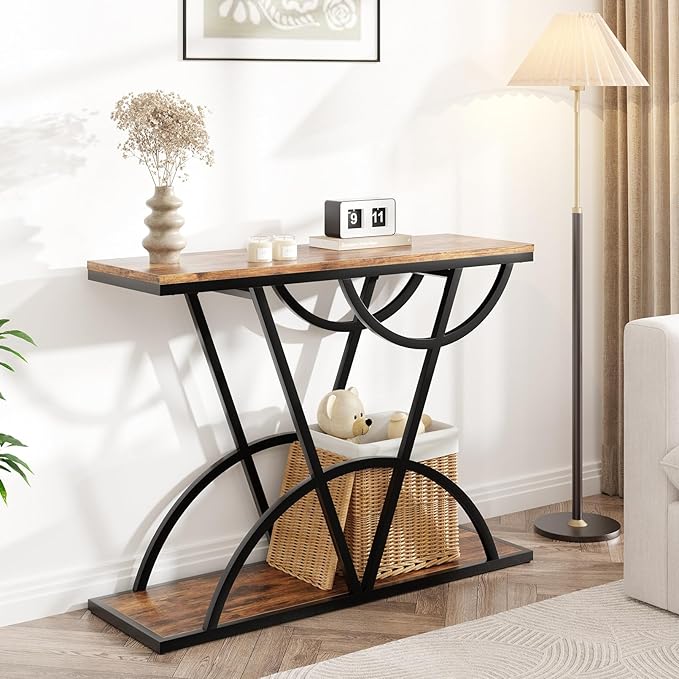 43" Console Table, Industrial Entryway Table with Storage Shelf, Narrow Wood Sofa Table with Metal Frame for Living Room, Hallway, Foyer, Entrance