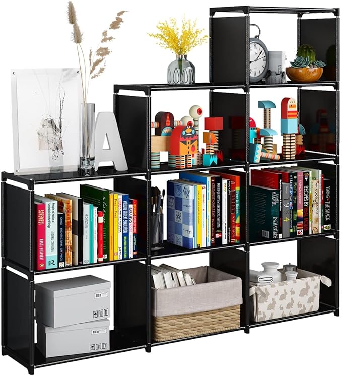 JIUYOTREE Portable Bookcase, 9 Cube Closet Storage Organizer Bookshelf,Clothes Storage for Living Room,Study Room,Bedroom, Black