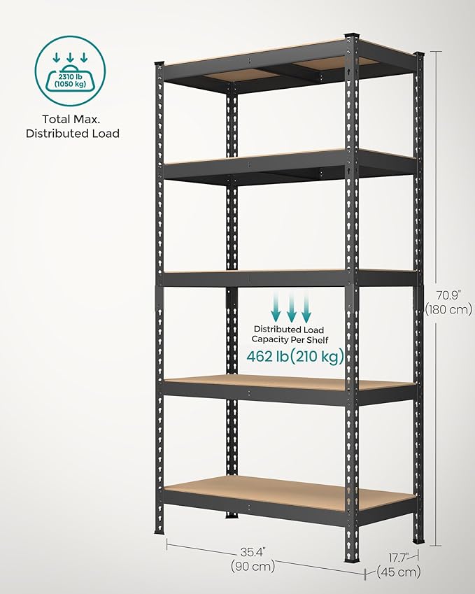 SONGMICS 5-Tier Storage Shelves, Load 2310 lb, Garage Storage, Boltless Assembly, Adjustable Shelving Unit, 17.7 x 35.4 x 70.9 Inches, for Study Shed Basement, Black and Natural Beige UGLR450B01