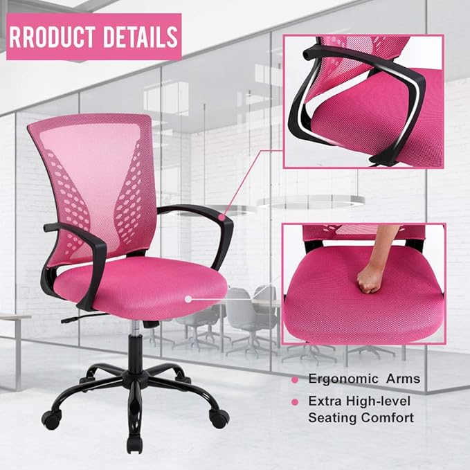 Office Chair Desk Chair Computer Chair with Lumbar Support Armrest Mid Back Rolling Swivel Task Adjustable Mesh Ergonomic Chair for Women Adults, Pink
