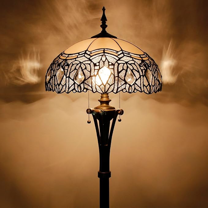Tiffany Floor Lamp White Stained Glass Crystal Standing Reading Light 16X16X70 Inches Antique Pole Corner Lamp Decor Bedroom Office Living Room