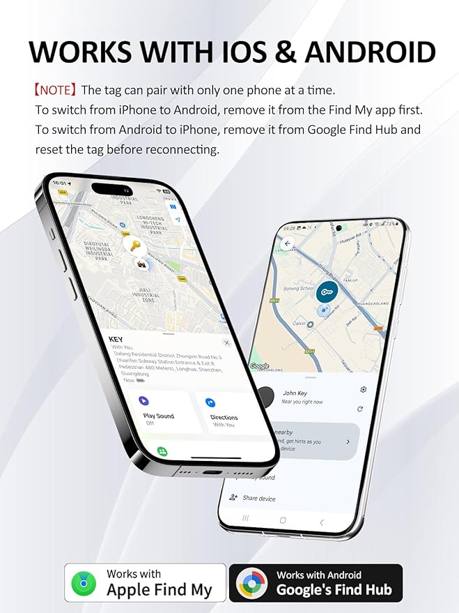 Tracker Tags for Android & iOS, Key Finder Tracking Device Smart Tracker Tag for Luggage, Wallet, Bike, Pets, Bags - Both Works with Apple Find My & Google's Find Hub - 2 Pack