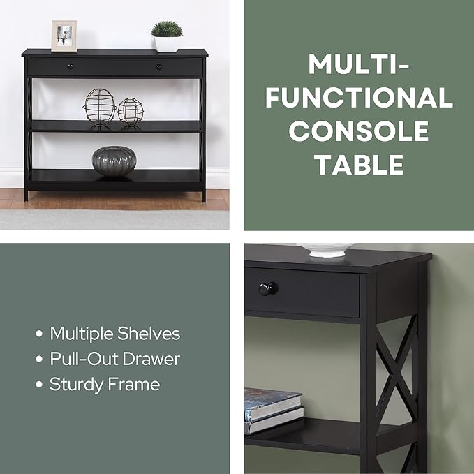 Convenience Concepts Oxford 1-Drawer Console Table 39.5" - Farmhouse Sofa Display with Storage Shelf For Living, Family, & Dining Room, Modern Entryway Hall Table for Kitchen, Bedroom, Black