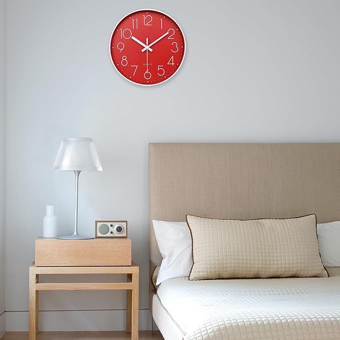 jomparis Red Wall Clock 12 Inch Silent Non-Ticking Battery Operated Quality Quartz Round Wall Clock Modern Decor Clock for Home Bedroom