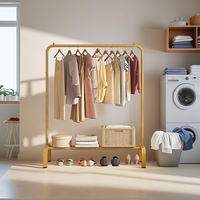 JIUYOTREE Standard Clothes Clothing Garment Rack with Storage Shelves Clothes Organizer for Hanging Clothes Coat Jacket Shirt Sweater Jeans Gold