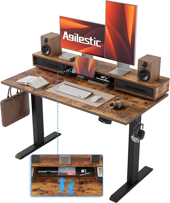 Agilestic 48 Inch Electric Standing Desk with Drawers, Adjustable Desk with Storage Shelf, Stand Up Home Office Computer Table, Splice Board, Rustic Brown